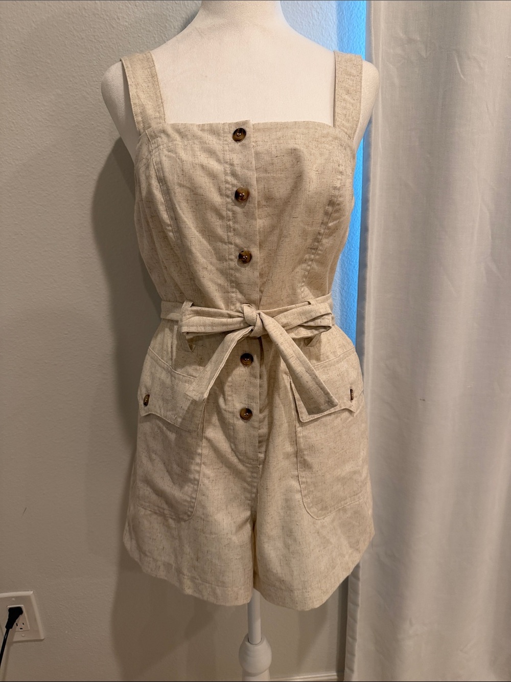 Vici Beige Button-Front Tie-Waist Linen Romper
